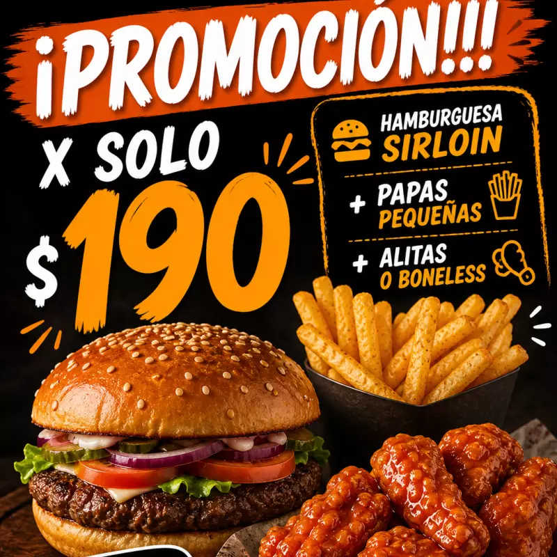 Burger sirloin papas alitas