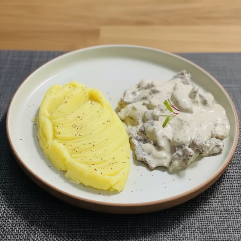 Strogonoff de lomito y puré de papas