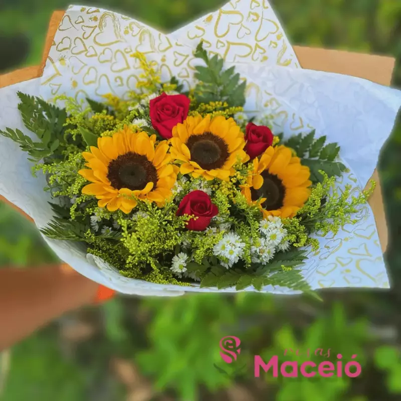 Buquê com 3 girassóis e 3 rosas verm