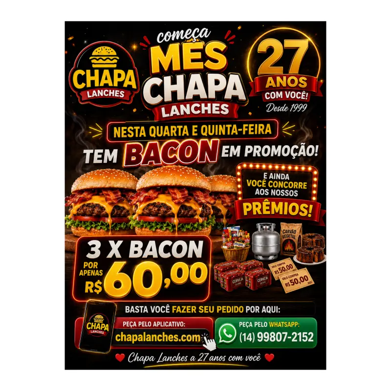 3 x bacon por apenas 60 reais