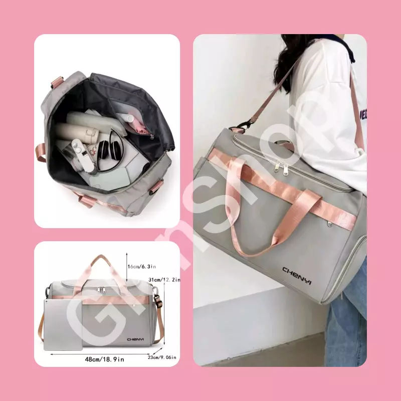 Bolsa de viaje gris y rosa