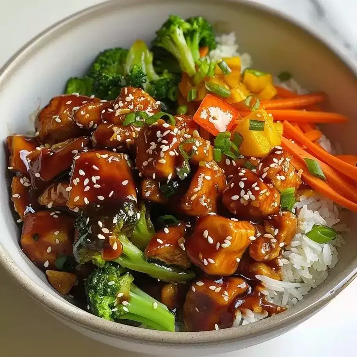 Teriyaki con verduras y arroz