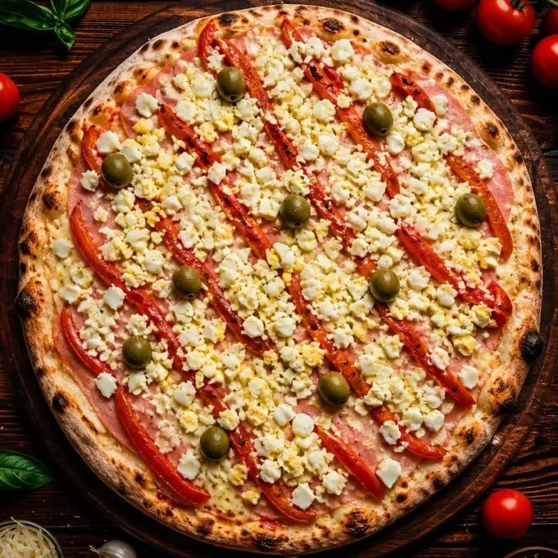 PIZZA JAMON, HUEVO, MORRON