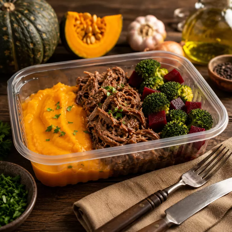 Carne Desf. Purê Abóbora e Legumes