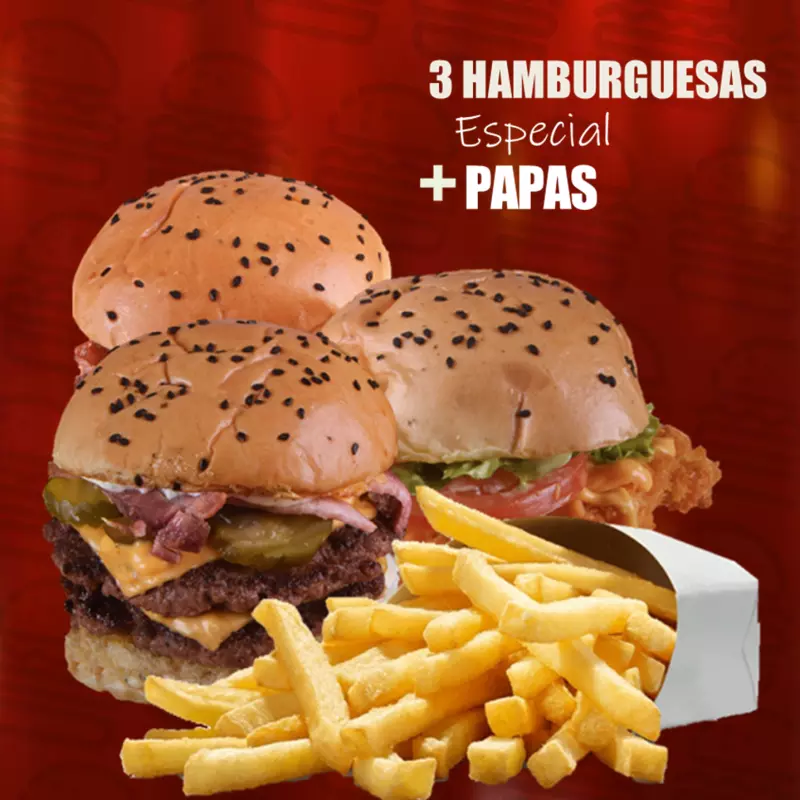 3 Hamburguesas + Papas