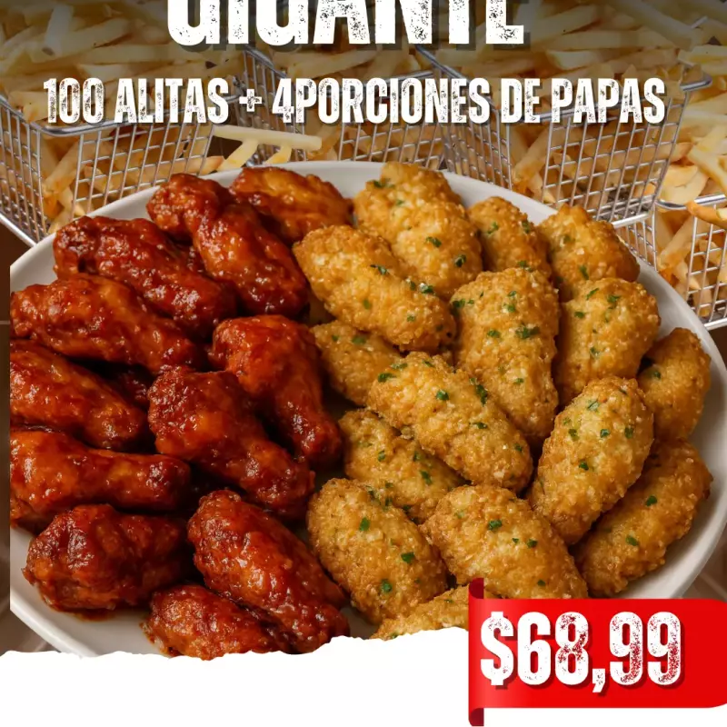 100 alitas +4 porciones de papas