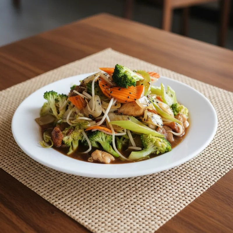 Pollo en ostión con verduras