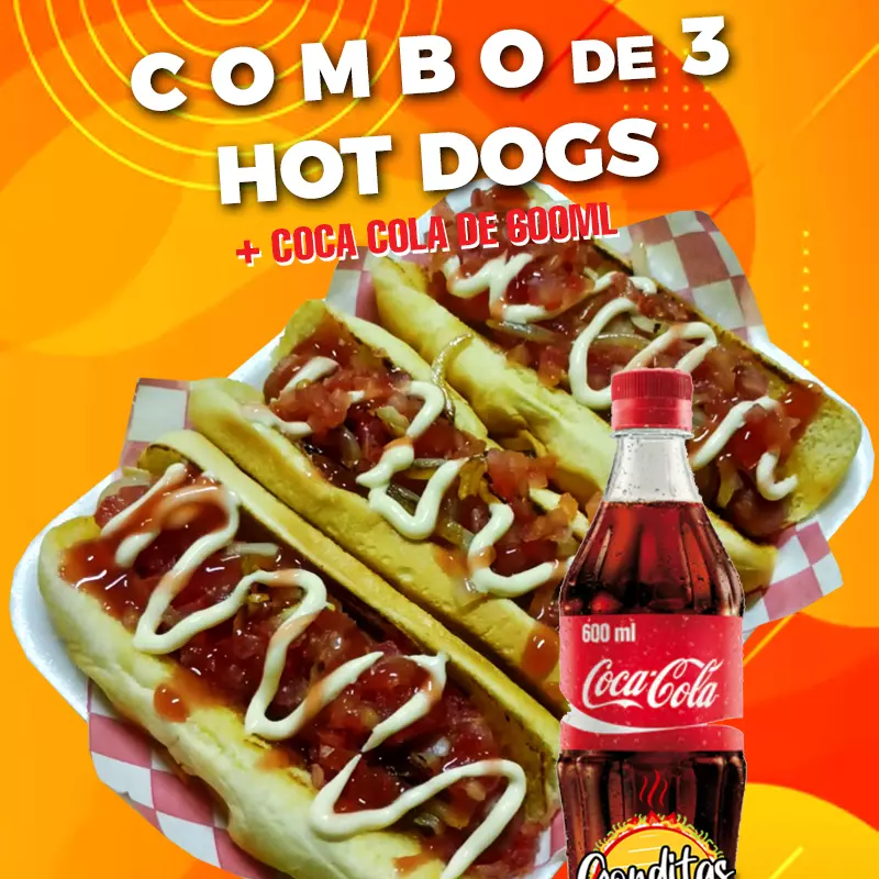 Combo 3 Hot Dogs + Coca de 600ml