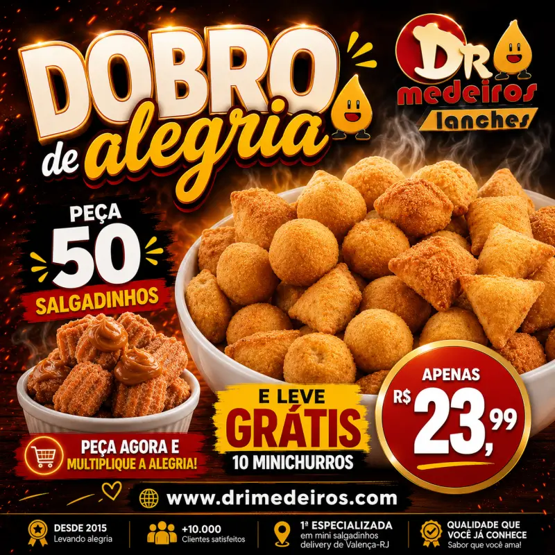 50 salgados + GRÁTIS 10 minichurros