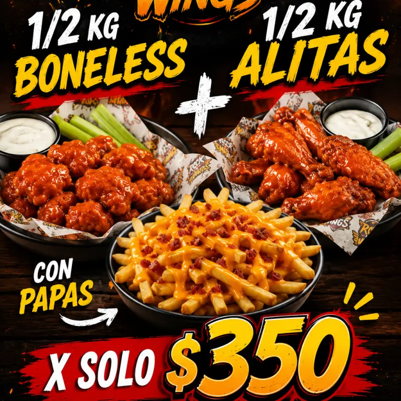 1/2 alitas 1/2 boneless + papas