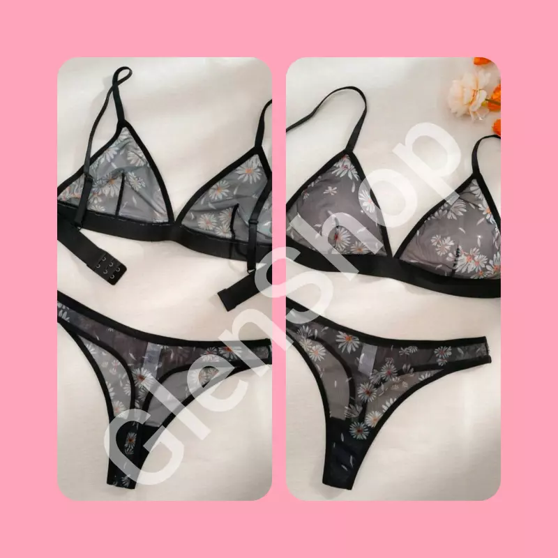 Conjunto lencería negro margaritas