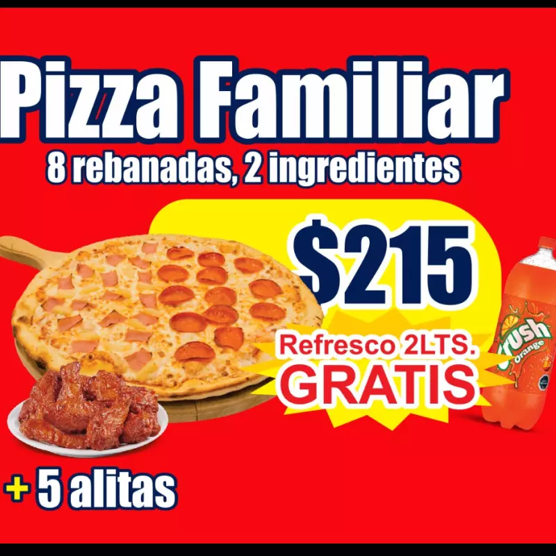 Pizza Familiar +5 Alitas +.Refresco