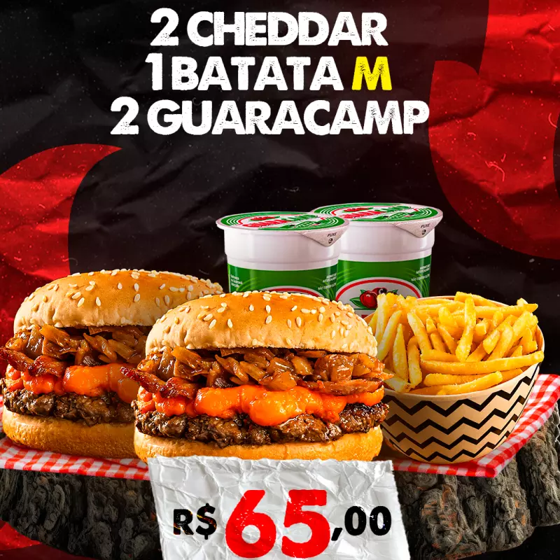2 CHEDDARS, 1 BATATA M, 2 GUARACAMPS