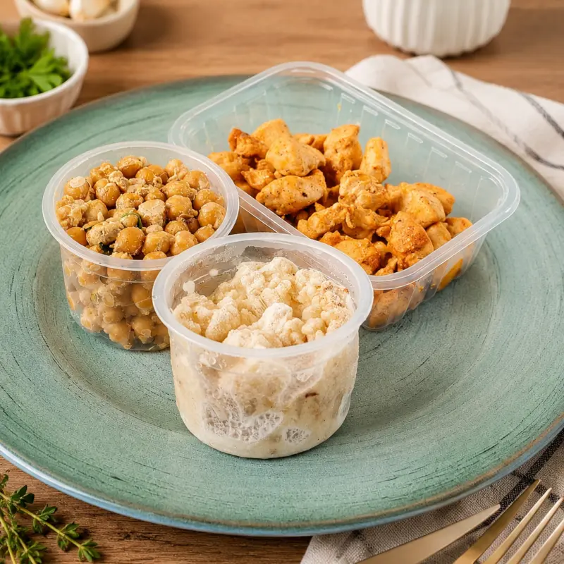 Frango em cubo c gratinado couve