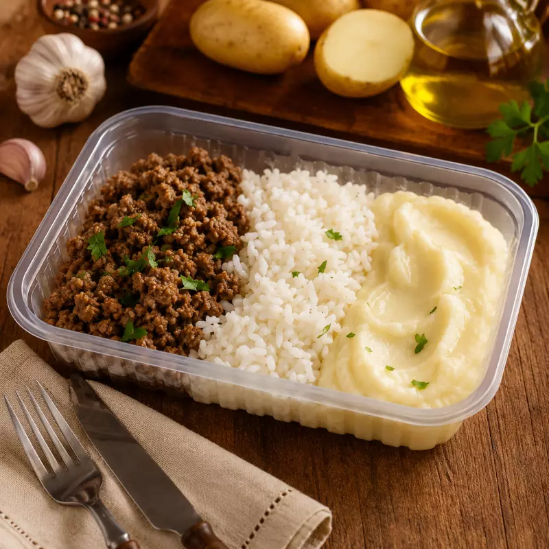 Carne Moída, Purê de Batata e Arroz