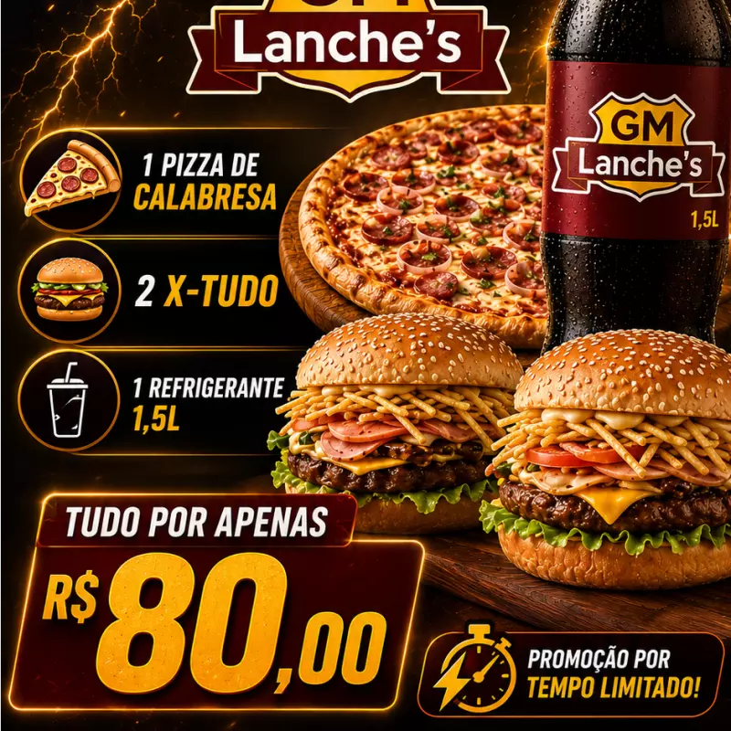 1 Pizza, 2 X-tudo 1 Refri 1,5l