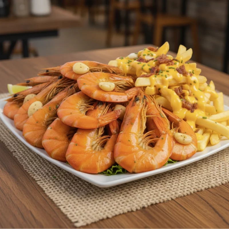 CAMARÃO ALHO E ÓLEO + FRITAS E CHEDD