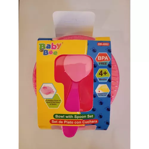 Plato con tapa y cuchara rosa/azul