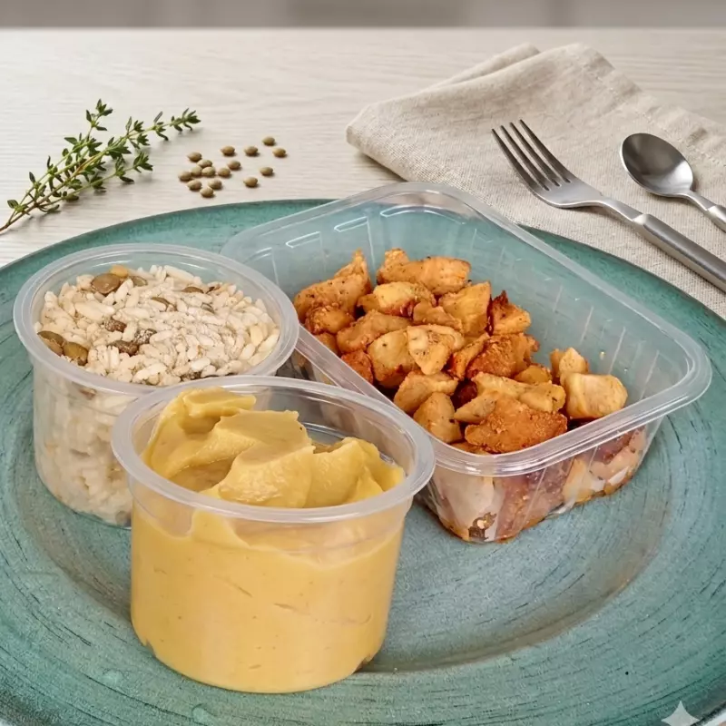 Frango em cubo com purê de banana