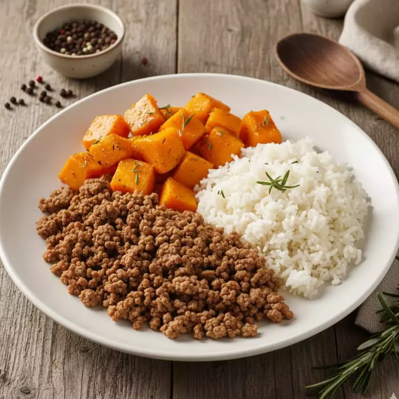 Carne Moída c/ Abóbora Cozida, Arroz