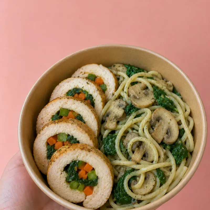 Rollos de pollo con spagetti