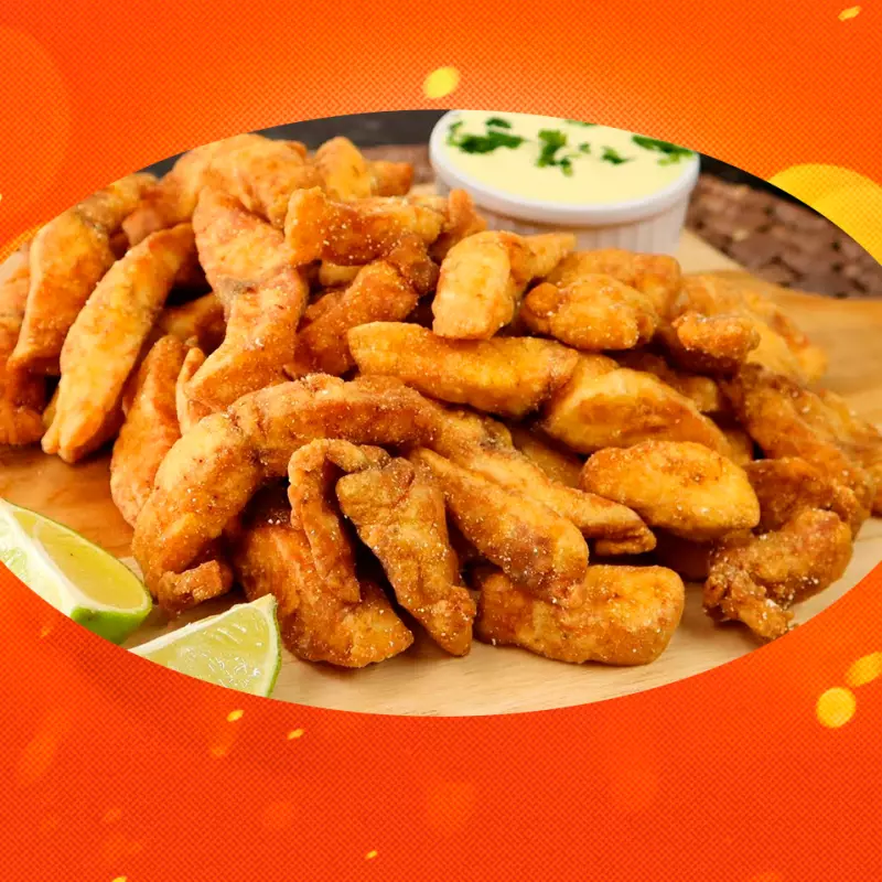 Isca de Tilápia com cebola empanada