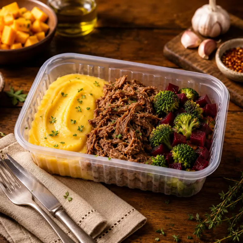 Carne Desf Purê Mandioquinha Legumes