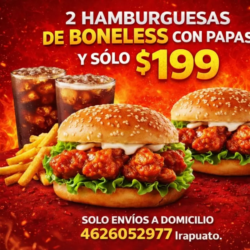 2 Hamb boneless con papas + bebidas