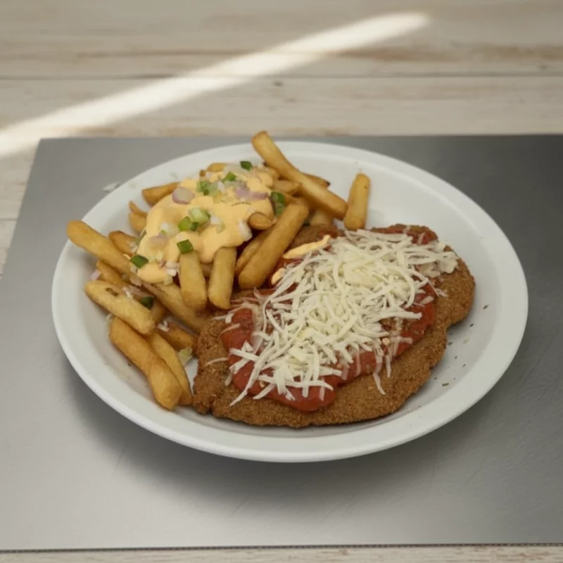 MILA NAPO Y PAPAS CON CHEDDAR