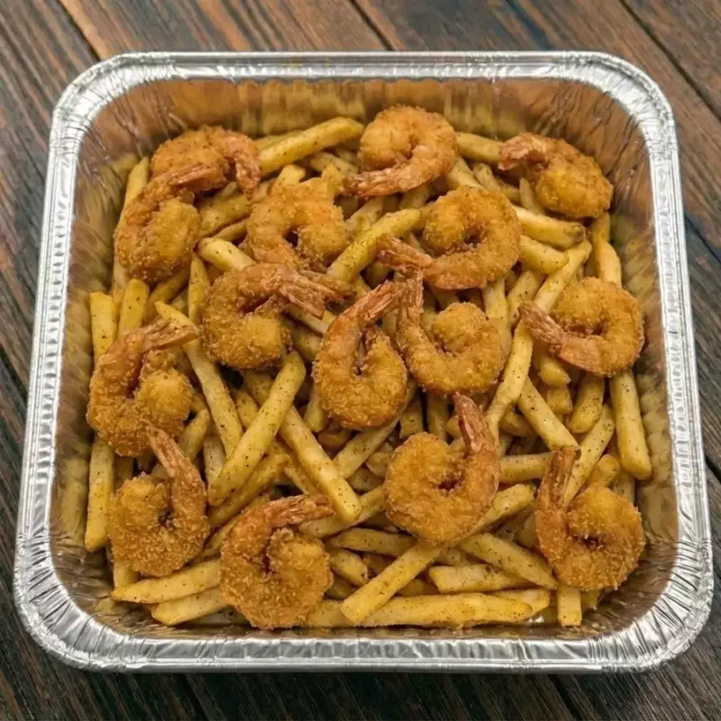 Bandeja de camarones con papas