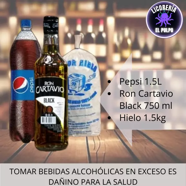Ron Cartavio 750 ml+Pepsi+hielo