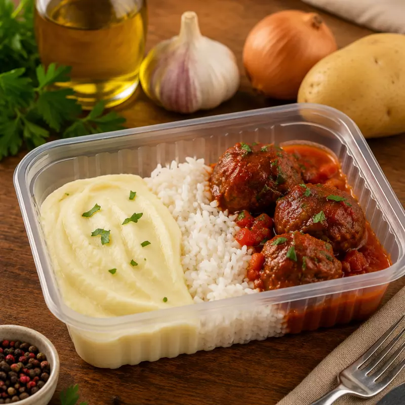 Almôndega Suína, Purê Batata Arroz
