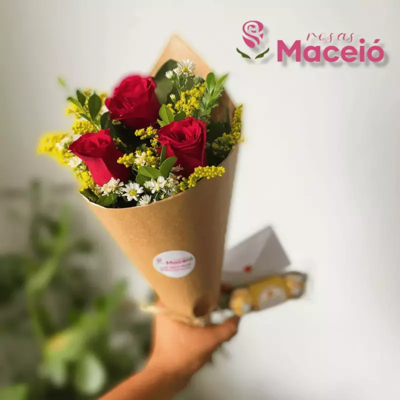 Buquê 3 rosas verm.+ferreiro+cartinh