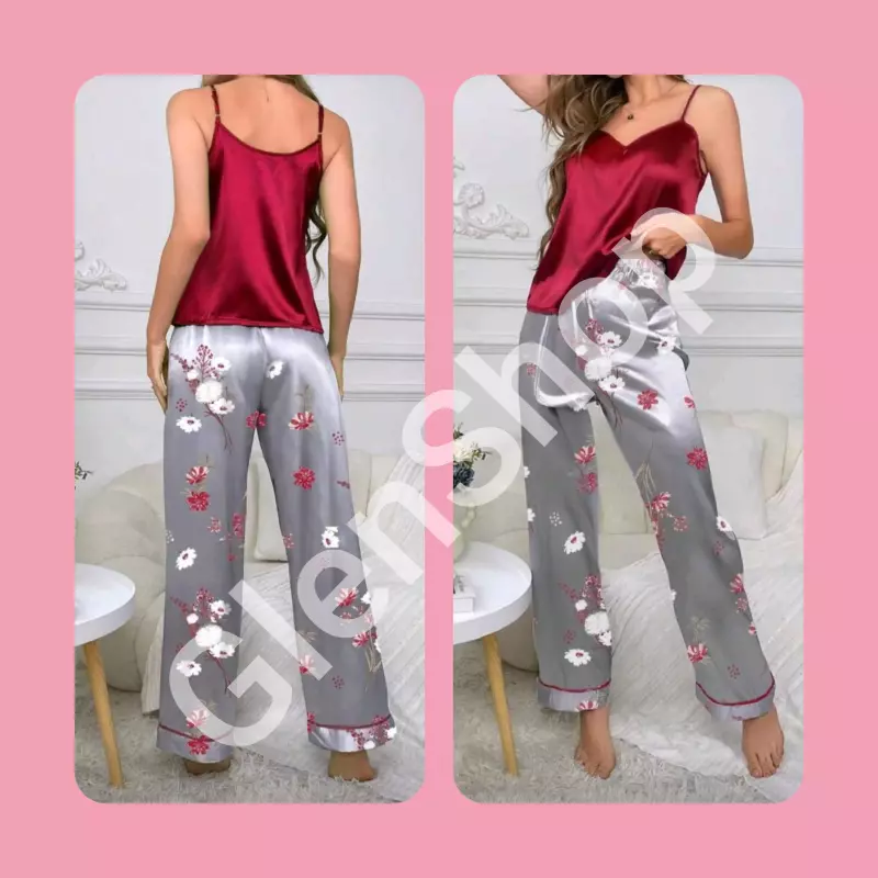 Pijama de pantalón burdeos y gris