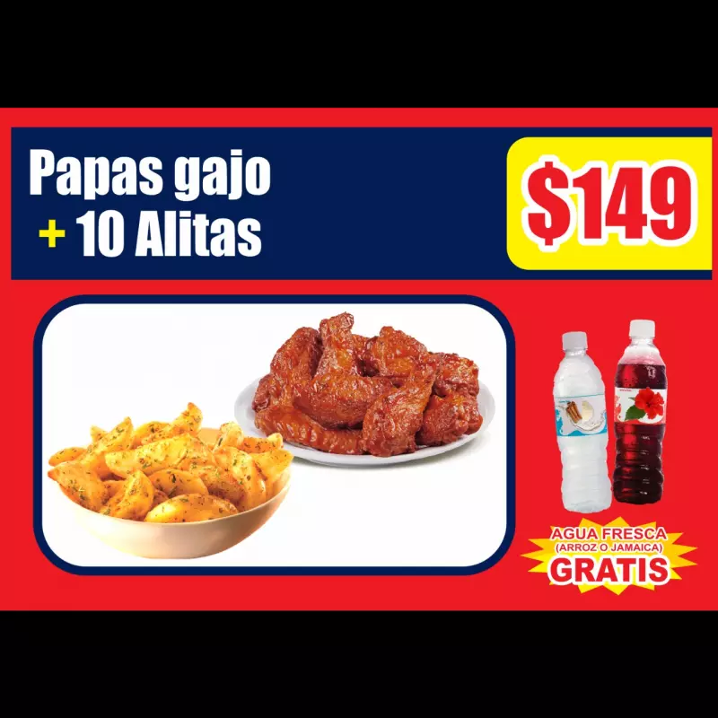 10 alitas adobadas+ papas gajo