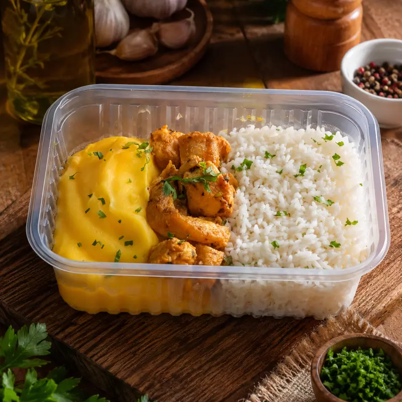 Frango, Purê de Mandioquinha e Arroz