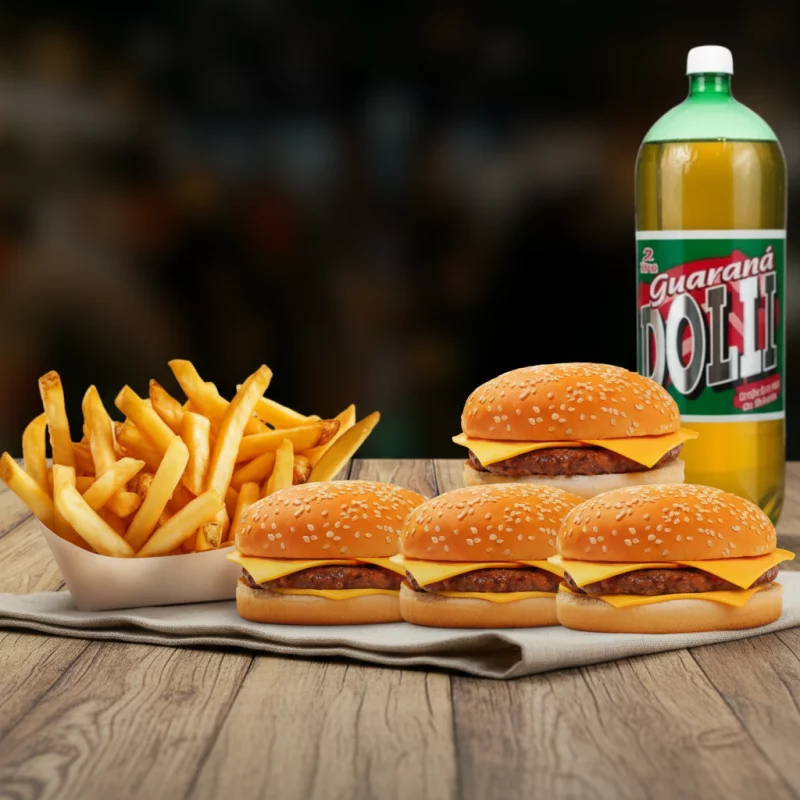 4 burguer+batata frita+Dolly 2lts
