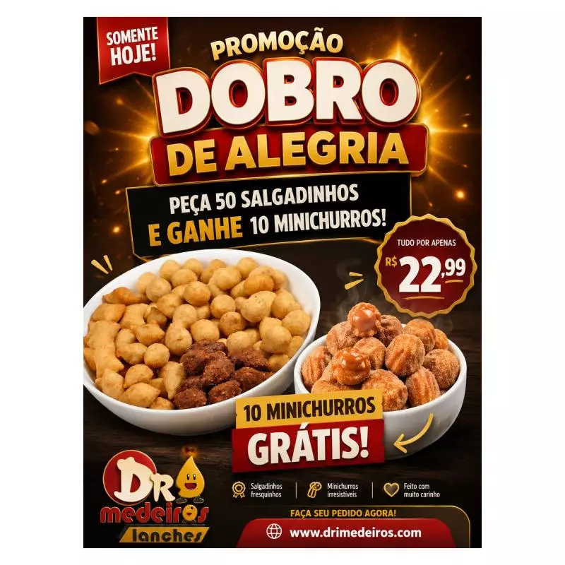 50 salgados + GRÁTIS 10 minichurros
