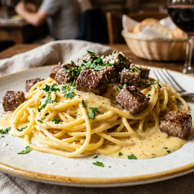 Espaguete com Mignon ao molho Mornay