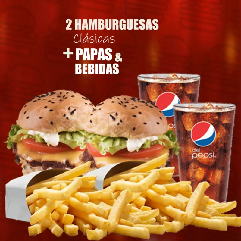 2 Hamburguesas + Papas + Bebidas