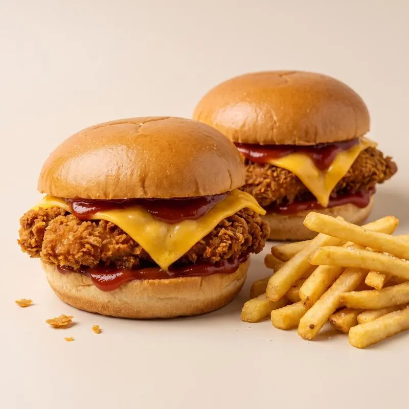 2 Cheese Chicken Burger + Fritas