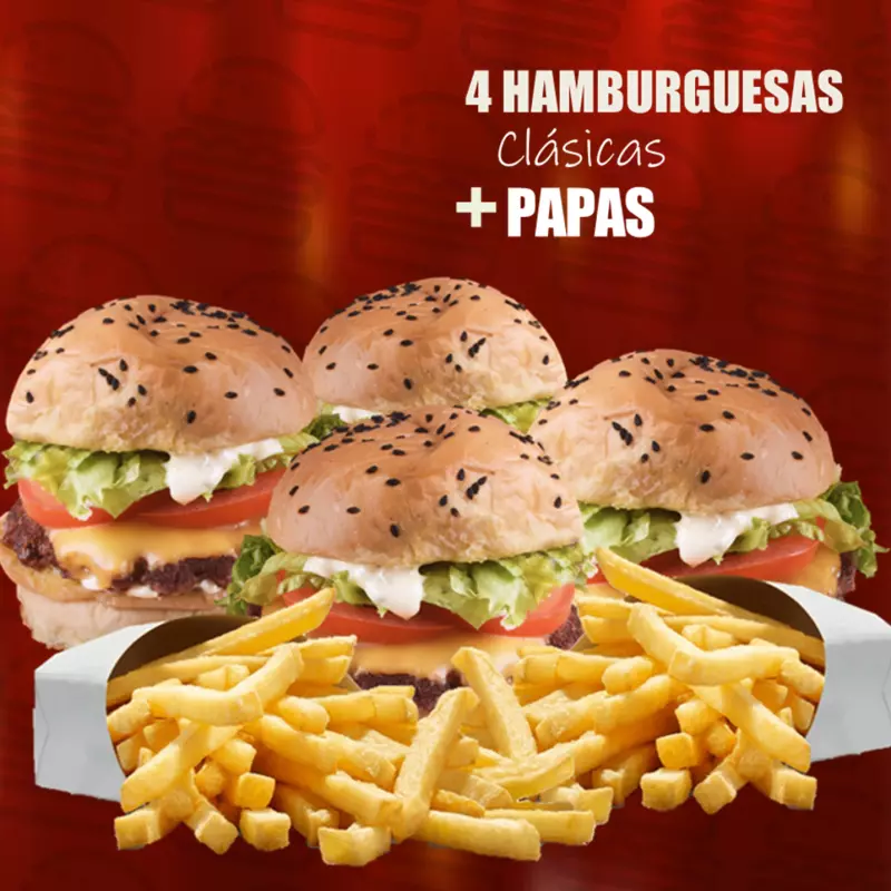 4 Hamburguesas + papas