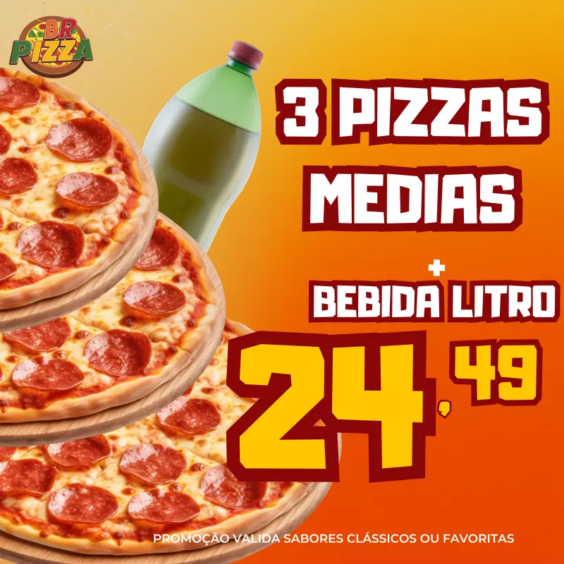3 PIZZAS MEDIAS + BEBIDA LITRO
