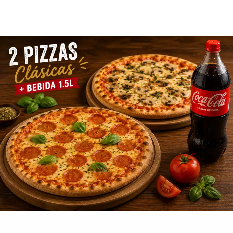 2 pizzas clasica + bebida 1.5