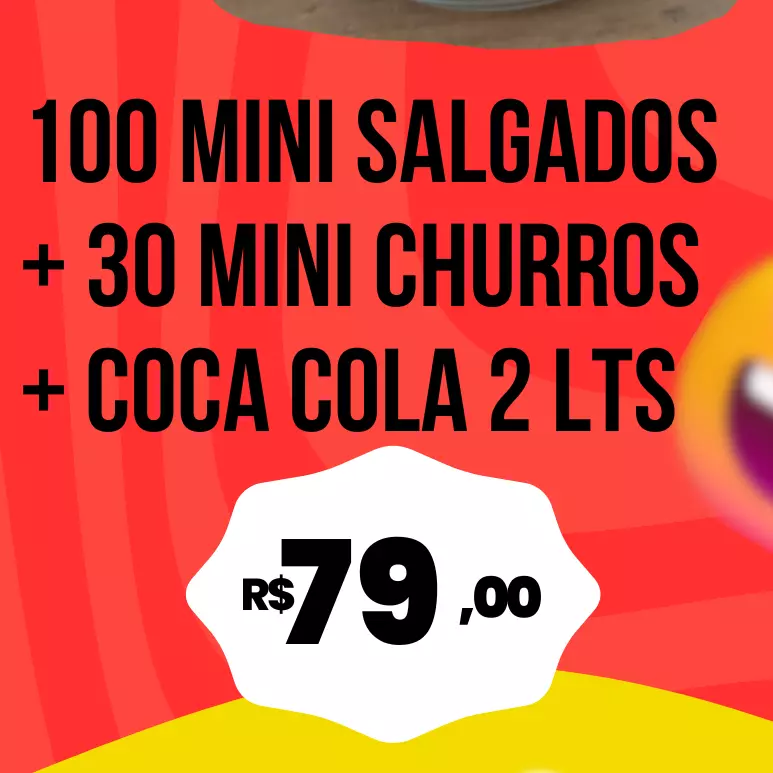 100 salgados + 30 churros + Coca 2L