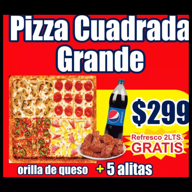 Pizza Cuadrada +5 Alitas + Refresco