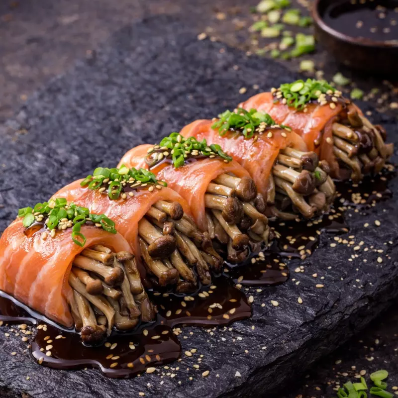 Enroladinho de shimeji no salmão