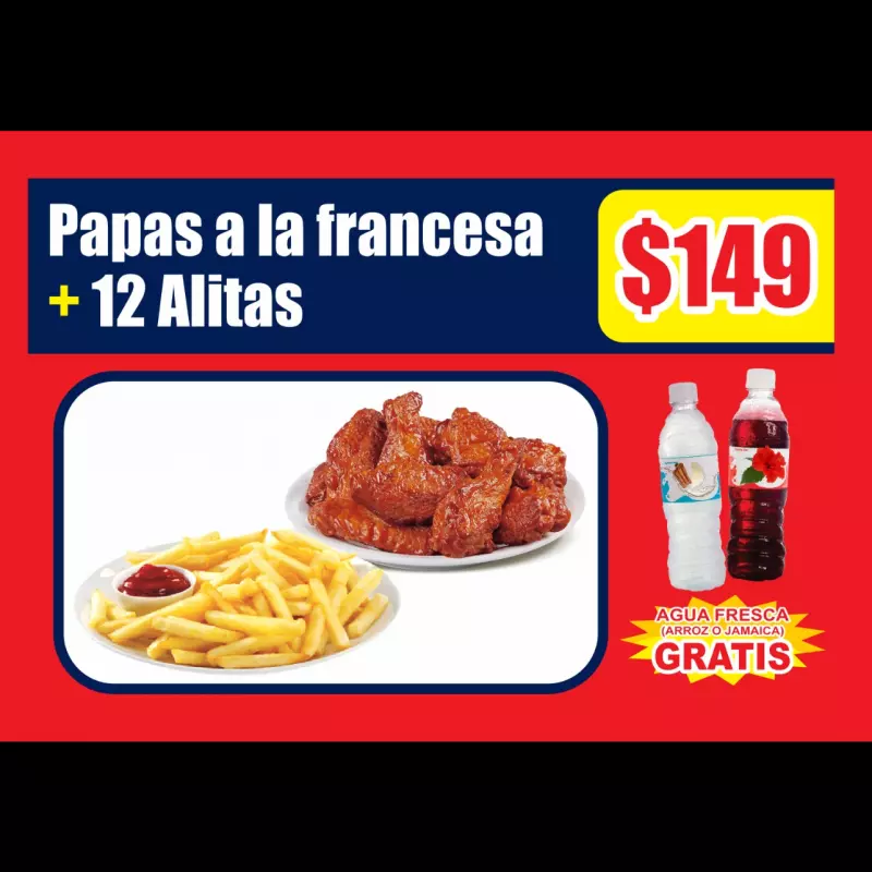 12 alitas adobadas+papas francesa