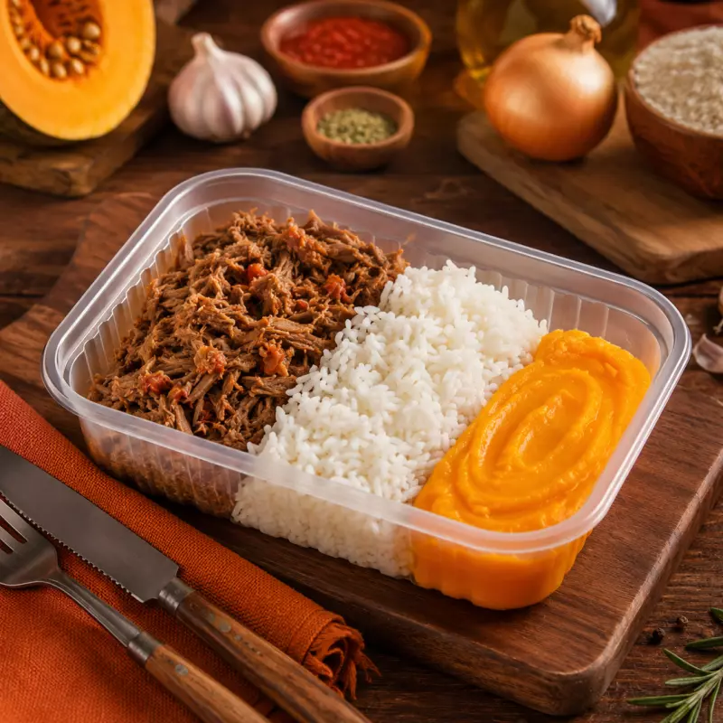 Carne Desfiada Purê de Abóbora Arroz