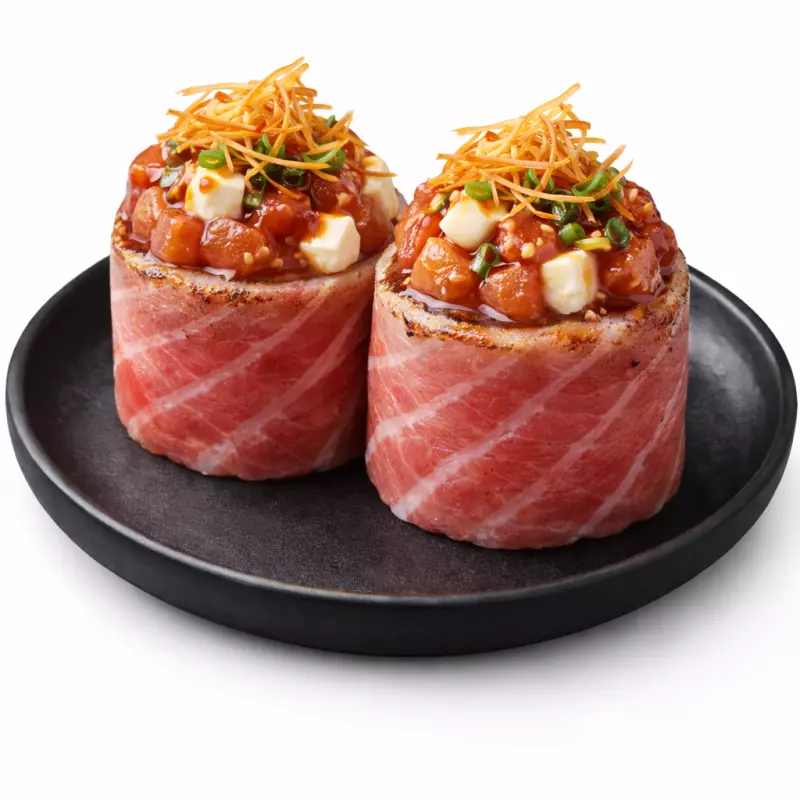 Atum maçaricado com molho de ostra.